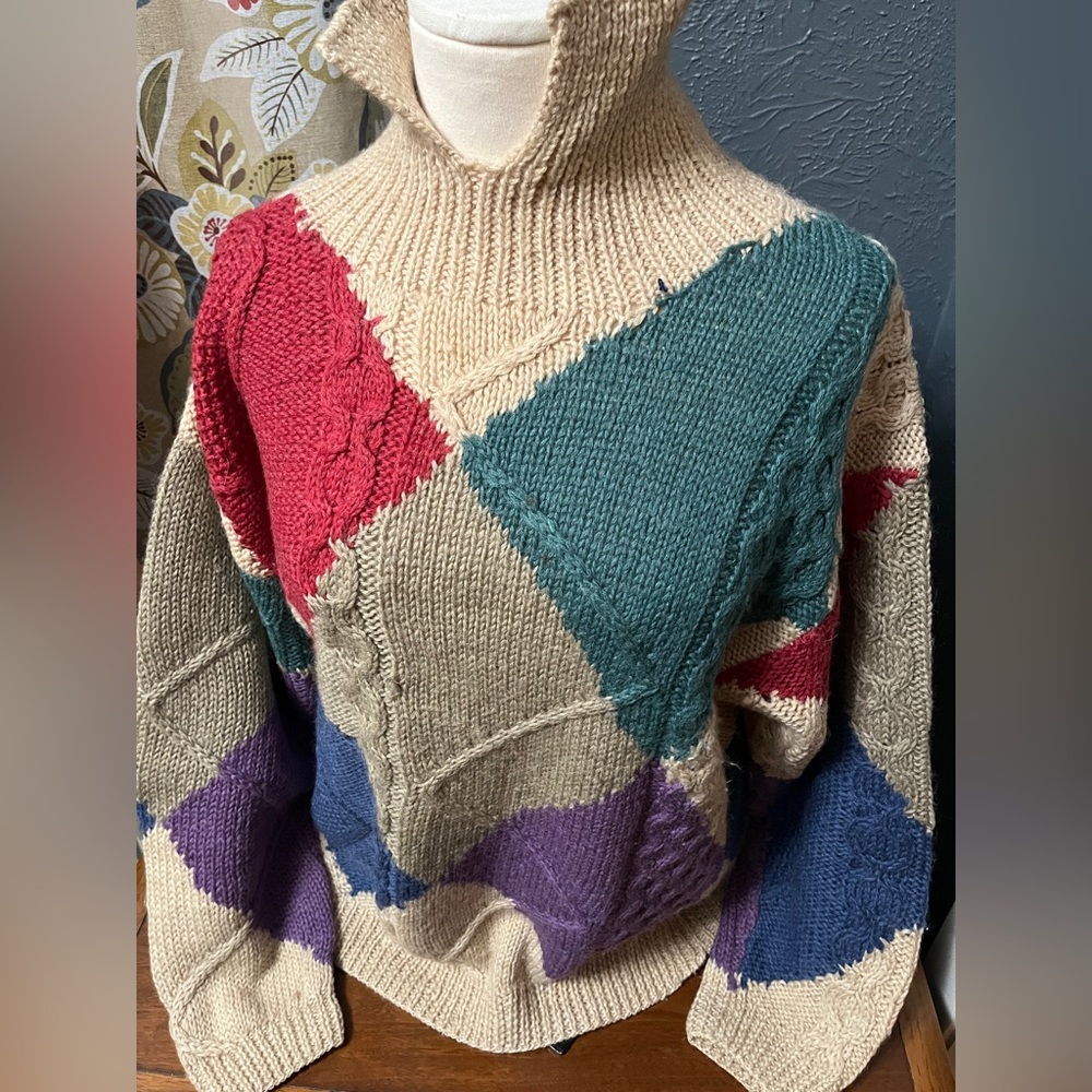 Vintage 100% wool Colorful Patchwork Turtleneck Sweater Sz Xl